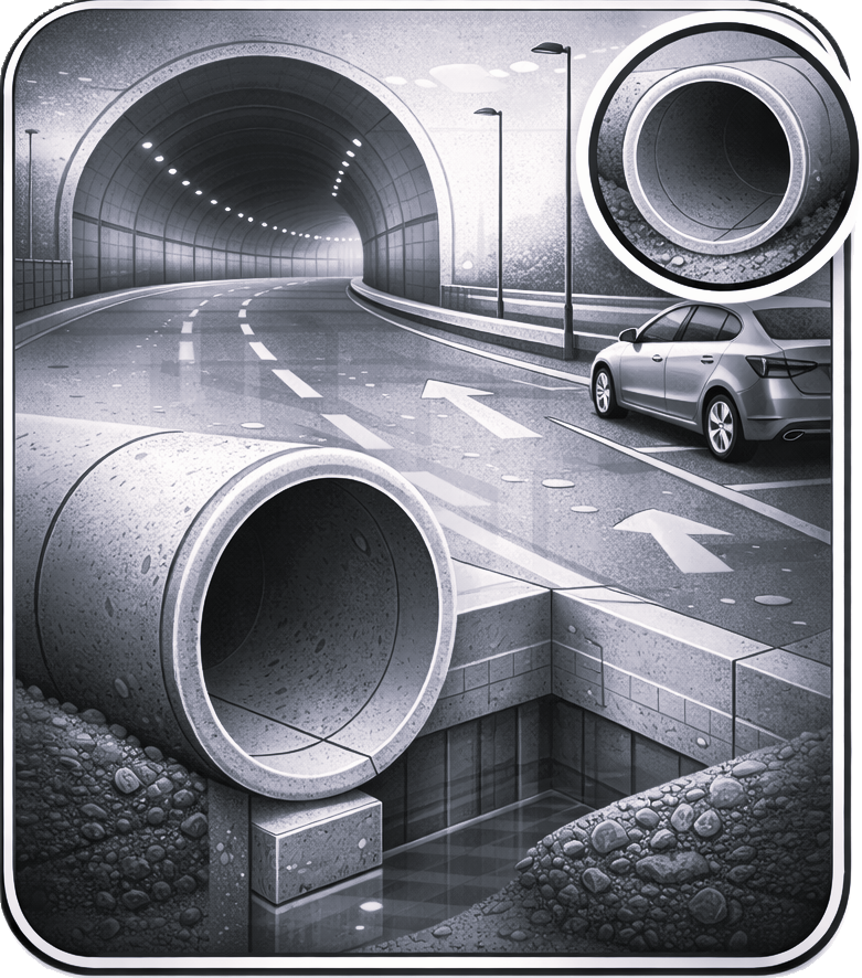 Tunnels, concrete pipes, and parking areas